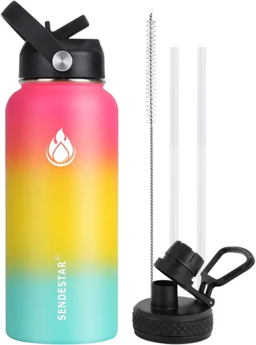 Vista 75 de SENDESTAR Botella de agua aislada de 24 onzas, boca ancha, botella de agua de 24 onzas con tapa con popote, tapa de boquilla, acero inoxidable