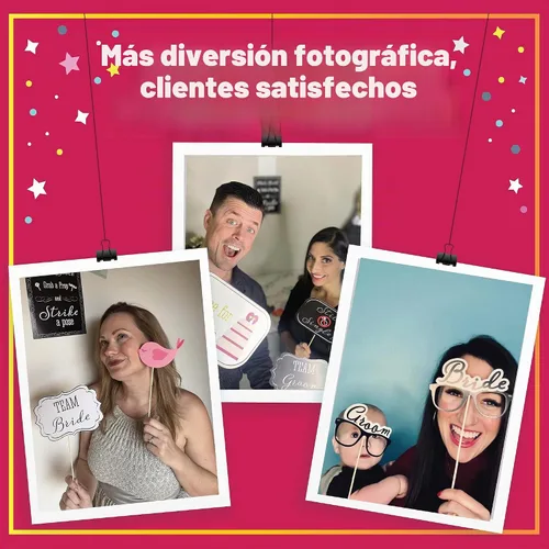 Vista 6 de Utilería para sesiones de foto en bodas con letrero "Strike a Pose", 31 piezas estampadas con palos de madera.