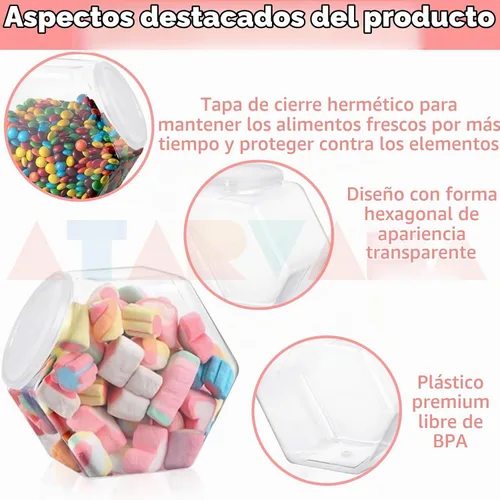 Vista 3 de Atarvana Juego de 4 tarros de plástico para caramelos de 72 onzas, recipientes hexagonales para dulces con tapas herméticas para bufé de dulces