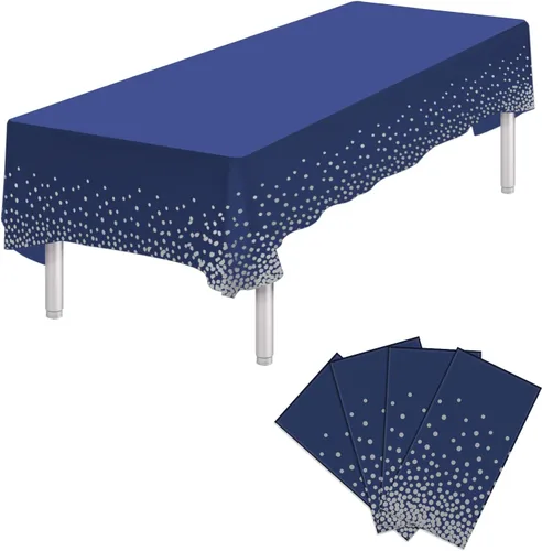 Vista 37 de Paquete de 4 manteles de plástico desechables azules y dorados para mesa rectangular, manteles desechables de 54 x 108 pulgadas, manteles