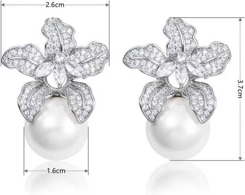 Vista 2 de Aretes de perlas redondas grandes con circonita cúbica para ceremonia de boda, accesorios elegantes