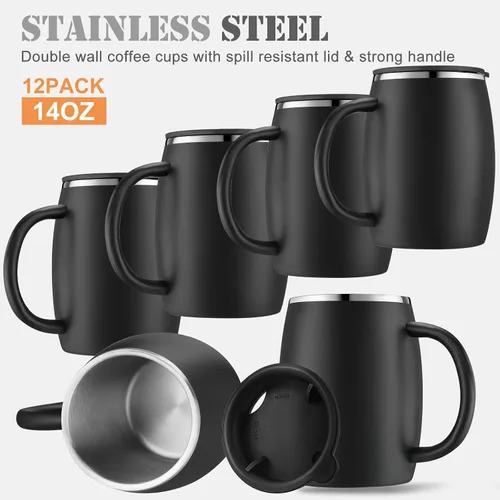 Vista 6 de Taza de café aislada de acero inoxidable de 14 onzas a prueba de derrames con tapa, taza de café de viaje de doble pared con asa, tazas de café
