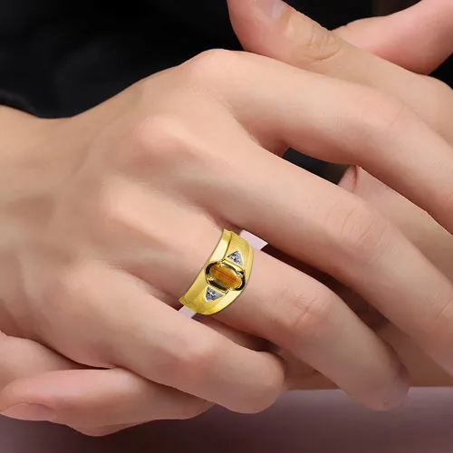 Vista 2 de RYLOS - Anillos para hombre de oro amarillo de 14 quilates - Anillo de diamante y ojo de tigre de 0276 x 0197in de color piedra preciosa anillos