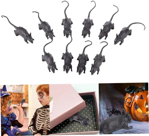 Vista 4 de BESTonZON 10 ratones falsos de plástico negro para simulación de broma de Halloween, decoración ligera para casas encantadas, fiestas y restaurantes