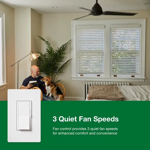Vista 5 de Lutron Diva Control de ventilador de 3 velocidades, unipolar/3 vías, DVFSQ-F-WH, color blanco
