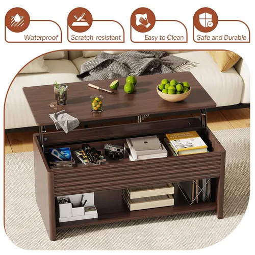 Vista 7 de Mesa de centro con parte superior acanalada para sala de estar, mesa de centro pequeña con almacenamiento de elevación hidráulica, gran capacidad