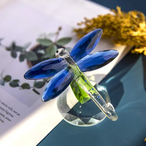 Vista 4 de H&D HYALINE & DORA Figura de animales de cristal de cristal, libélula de pie azul, caja de regalo
