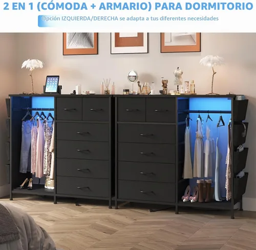 Vista 4 de Cómoda de 6 cajones para dormitorio con perchero para ropa, cómoda para ropa con bolsillos laterales y ganchos, estación de carga y luces LED, parte