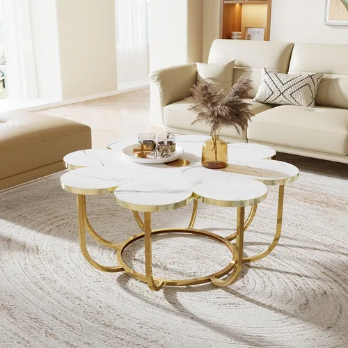 Vista 8 de Tribesigns Mesa de centro blanca y dorada, moderna mesa de centro en forma de flor con mesa de mármol sintético, mesa central floral de 39.37