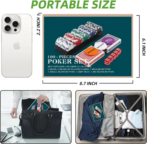 Vista 5 de Homwom Juego de póquer para viajar, 100 piezas, 5 colores, fichas de póquer profesionales en caja de regalo de cartón, fichas de póquer de casino