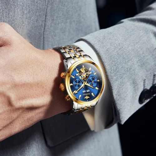 Vista 2 de OLEVS Relojes automáticos para hombre, mecánico, de lujo, cuerda automática, multicalendario, acero inoxidable, impermeable, relojes de pulsera