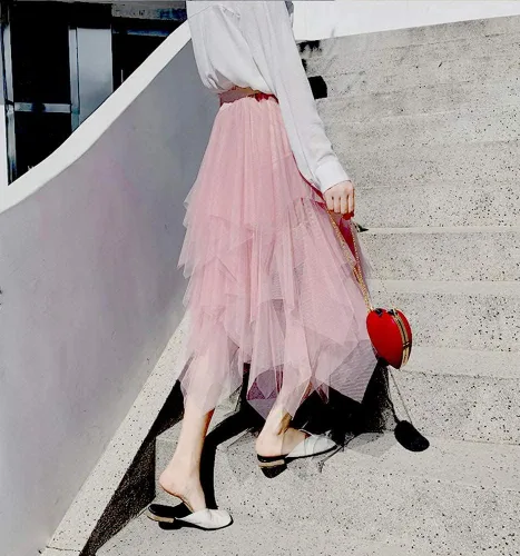 Vista 3 de LBKKC - Falda de tul para mujer, diseño formal, largo asimétrico por debajo de la rodilla, pretina elástica, faldas de hadas tipo tutú escalonadas