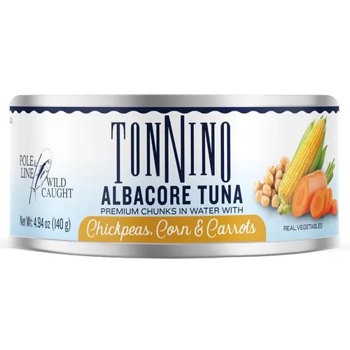 Vista 4 de Tonnino Atún Albacora - Trozos premium en agua con garbanzos, maíz y zanahorias - Paquete de 12 - Alternativa al salmón - Snacks proteicos - Comidas