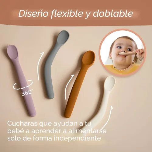 Vista 3 de Moonkie Juego de 4 cucharas de silicona para bebé, cucharas para niños pequeños para autoalimentación de 6 meses, cucharas de alimentación de dos