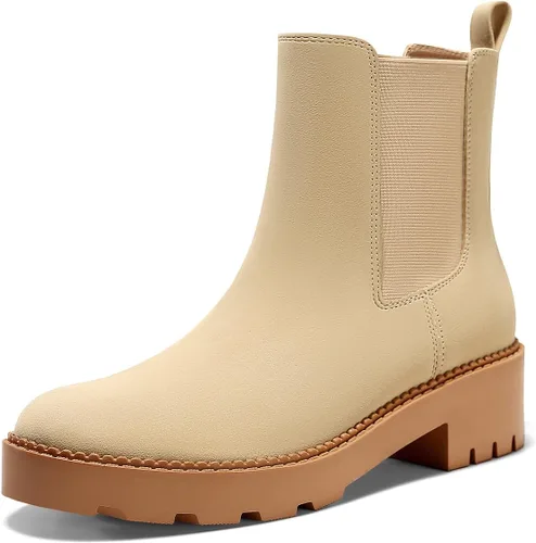 Vista 2 de Coutgo Botas Chelsea con plataforma gruesa y de tacón bajo para mujer, botas de tobillo elásticas de gamuza