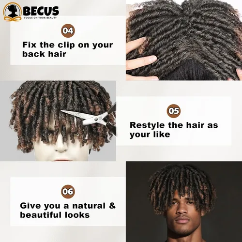 Vista 7 de BECUS Peluca de pelo marrón con rastas para hombres y mujeres negros, peluca corta trenzada sintética para uso diario, fiesta de cosplay (marrón)