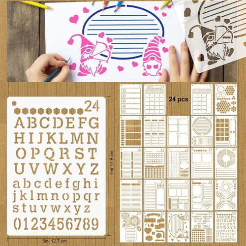 Vista 3 de MWOOT Juego de 24 plantillas de dibujo surtidas, plantillas de pintura a escala de formas mixtas para álbumes de bricolaje, decoración de arte