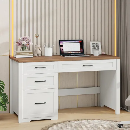 Vista 9 de Farmhouse - Escritorio ejecutivo para computadora de 59 pulgadas, estación de trabajo simple y espaciosa para trabajo remoto y estudio, oficina