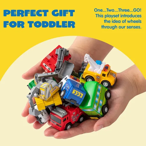 Vista 9 de JOYIN Juego de 18 autos de tracción hacia atrás y 18 piezas de juguete de goma suave, mini vehículos de juguete, auto para niños pequeños, recuerdos