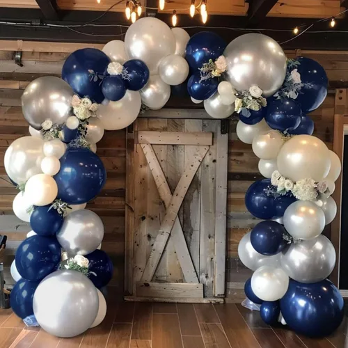Vista 5 de Kit de arco de globos azul marino y negro, guirnalda de globos con globos de papel de aluminio metálico plateado blanco oscuro globos de látex