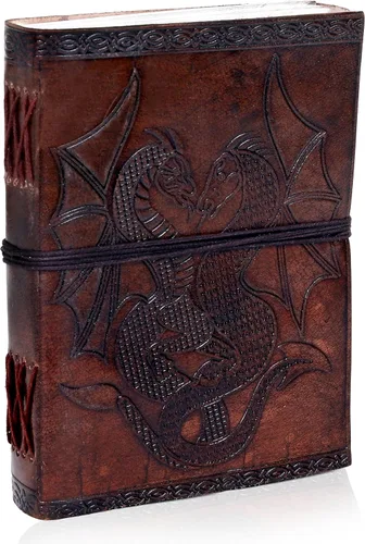Vista 12 de AzureGreen Libro de páginas en blanco de doble dragón, hecho a mano, de cuero, sin forro, diario de 5 x 7 pulgadas (esquina dorada marrón)