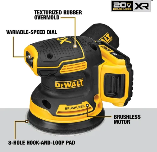 Vista 3 de DEWALT Lijadora orbital inalámbrica 20V MAX, herramienta de lijado de 5 pulgadas, 2.0Ah, 8,000-12,000 OPM, dial de velocidad variable, bolsa