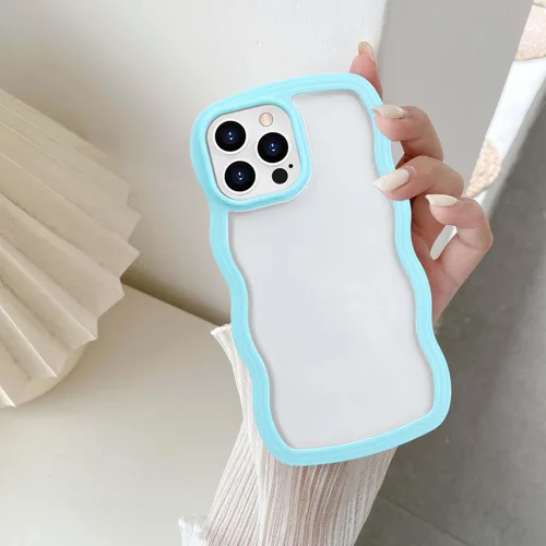 Vista 8 de UEEBAI Funda transparente con marco ondulado para iPhone 14 Pro Max de 6.7 pulgadas, funda transparente y rizada, bonita funda ondulada para Azul