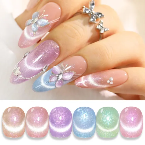 Vista 16 de Double Rhythm Juego de esmaltes de gel de ojo de gato, 6 colores, purpurina brillante con imán, holográfico, reflectante, magnético, UV, kit de arte