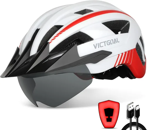 Vista 9 de VICTGOAL Casco de bicicleta con luz trasera recargable por USB, gafas magnéticas desmontables, visera solar extraíble, cascos de bicicleta de Negro