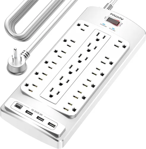 Vista 10 de Regleta protectora de sobretensiones de 18 tomas – Cable de extensión de enchufe plano de 6 pies resistente con 18 tomas amplias y 4 puertos USB