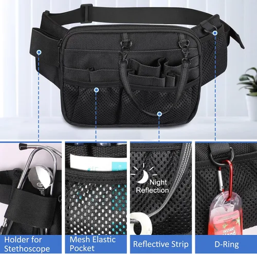 Vista 3 de Riñonera de Enfermera SITHON con Soporte para Cinta, Bolsa Organizadora de Cinturón con Múltiples Compartimentos para Equipo Médico, Bolsa Negro