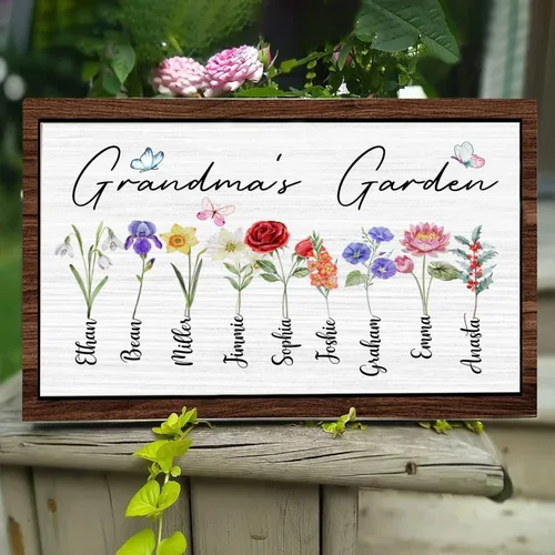 Vista 31 de Nazenti Letrero personalizado con marco de jardín de la abuela con nombres de nietos y flor de nacimiento para regalo del día de la madre, regalos