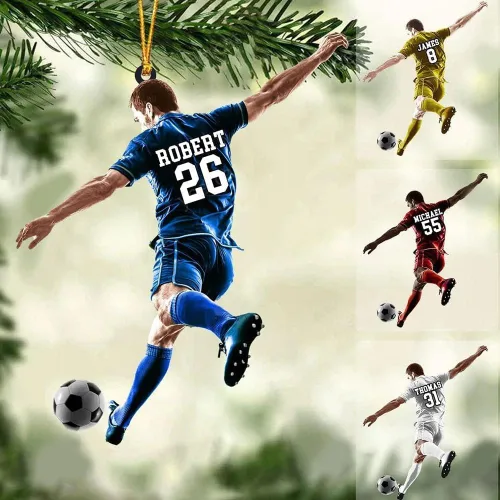 Vista 15 de Adorno de fútbol personalizado, adorno de Navidad de jugador de fútbol personalizado con nombre y número, regalo deportivo único para hombres