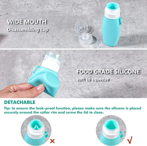 Vista 2 de Webake Botellas de aderezo de ensalada exprimibles de 3 onzas con cepillo de limpieza, paquete de 4 recipientes pequeños para aderezo para ensaladas