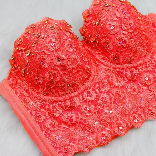 Vista 6 de ELLACCI Corsé de malla sexy con diamantes de imitación de encaje natural para mujer, color rojo