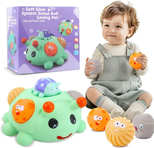 Vista 22 de Pelotas sensoriales, juguetes Montessori con sonajero de bebé de 3 a 6 meses 6 Multiple Textured Stress Balls with Blue Rattle, Bright