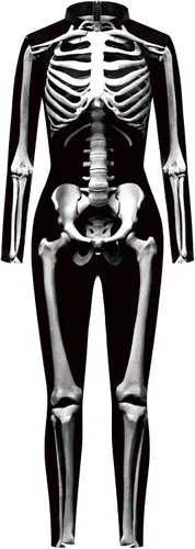 Vista 31 de Sister Amy Disfraz de esqueleto de calavera para mujer de Halloween, traje ajustado de una pieza J-colorido esqueleto