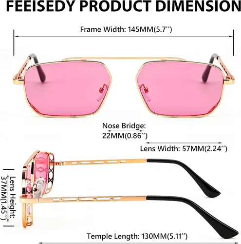 Vista 4 de FEISEDY Gafas de sol para mujer y hombre, Steampunk, marco de metal rectangular pequeño, lentes de sol tintados retro B2930