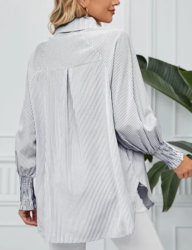 Vista 6 de Camisas a rayas con botones para mujer, blusa elegante con cuello en V y manga larga
