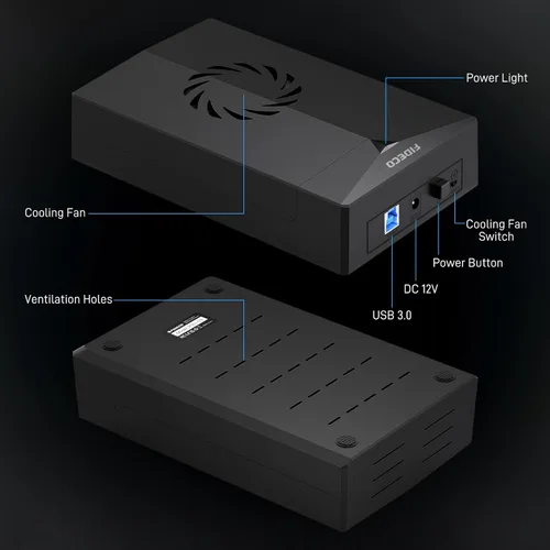 Vista 9 de FIDECO Caja de disco duro para disco duro SATA HDD SSD de 3,5 o 2,5 pulgadas, adaptador SATA a USB con ventilador de refrigeración, carcasa externa
