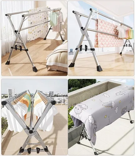 Vista 2 de 63 Inch Clothes Drying Rack，Drying Rack Clothing Foldable，Stainless Steel Garment Rack with Wheels, Space-Saving Laundry Drying Rack for Balcony