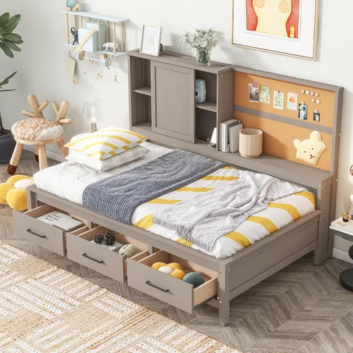 Vista 22 de Sofá cama de madera de tamaño matrimonial con 2 armarios de noche, estantes superiores y 4 cajones, marco de madera resistente, espacio de Marrón
