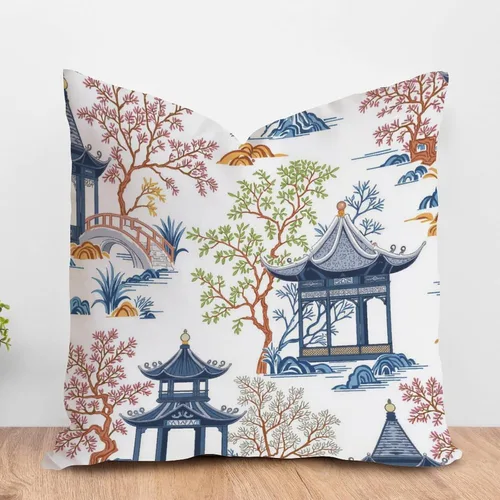 Vista 79 de ArogGeld Funda de cojín con flores verdes y blancas con flores grises y negras y hojas verdes en estilo chinoiserie, funda de almohada cuadrada