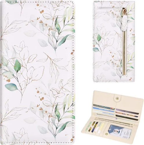 Vista 12 de Billetera para mujer, billetera RFID extradelgada, bolso plegable de cuero, con 11 ranuras para tarjetas y ventana de identificación, lindo monedero