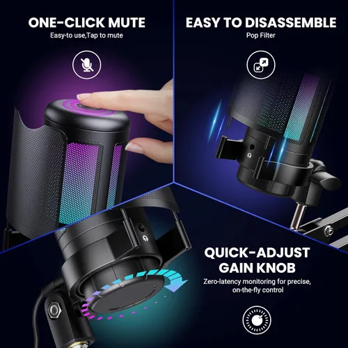 Vista 11 de Kit de micrófono USB para juegos, micrófono de condensador RGB con silencio, ganancia, soporte de brazo ajustable para monitoreo, filtro pop