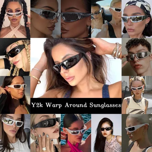 Vista 4 de Dollger Paquete de 2 lentes de sol envolventes futuristas para mujeres y hombres, moda Y2K Biker Rider Visor Shield para deportes al aire libre
