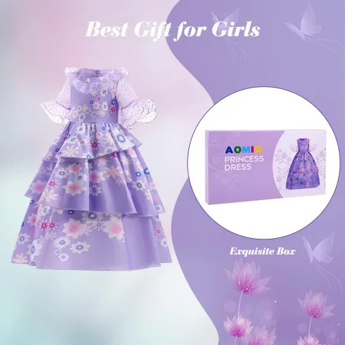 Vista 8 de AOMIG Mirabel Isabella - Vestido de disfraz para niñas, Isabella Madrigal, vestido de cosplay para cumpleaños, Halloween con accesorios