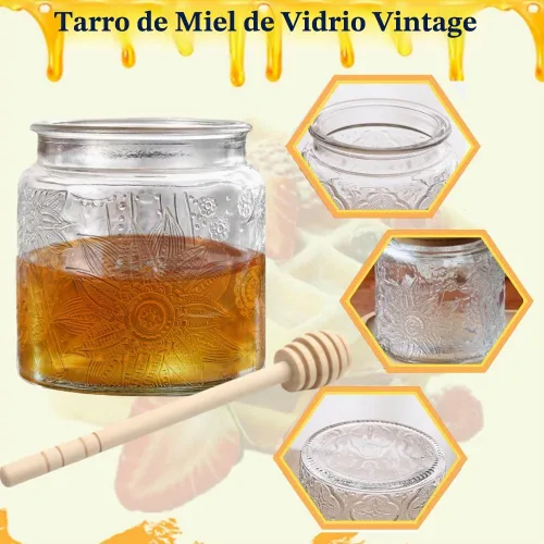 Vista 4 de ANSQU Tarro de Miel, Frasco de Miel de Vidrio Hermético con Tapa de Bambú y Palito Sumergidor, Recipiente de Miel para Almacenar Jarabe Mermelada