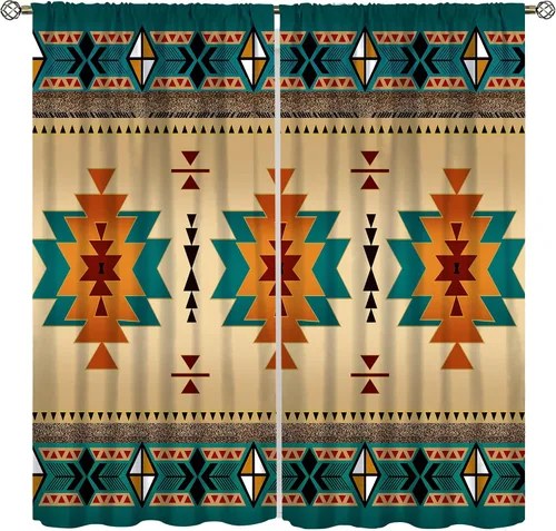 Vista 30 de YCness Cortinas aztecas para dormitorio, decoración geométrica étnica del suroeste para sala de estar, diseño tribal bohemio de elefante nativo