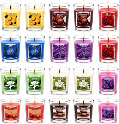 Vista 11 de Juego de 20 velas votivas blancas rellenas de vidrio transparente sin perfume de cera de soja para el hogar, spa, bodas, cumpleaños, vacaciones